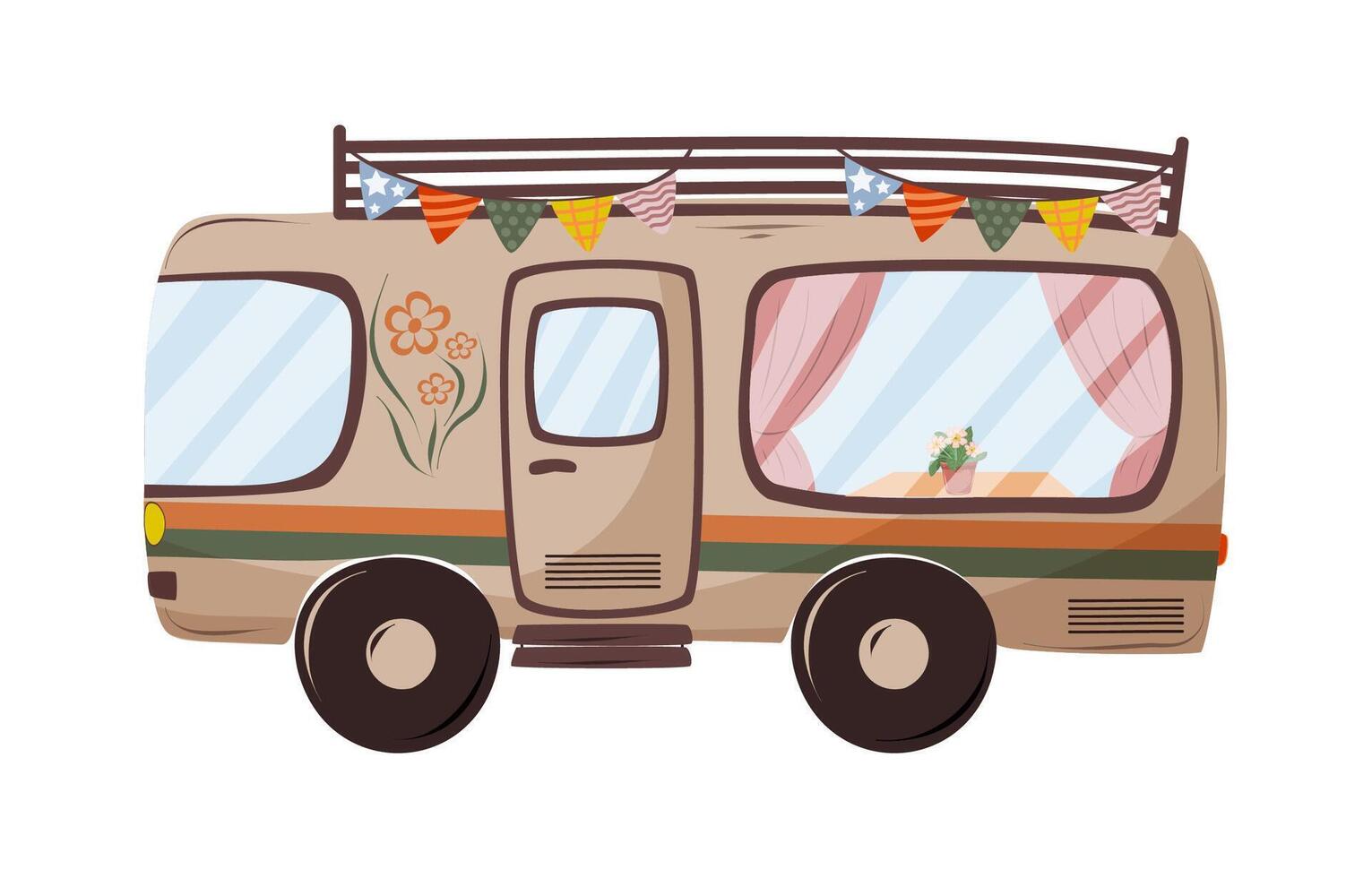 Retro camper for travel and summer vacations. Camping motor home on the white background. Isolated illustration. vector