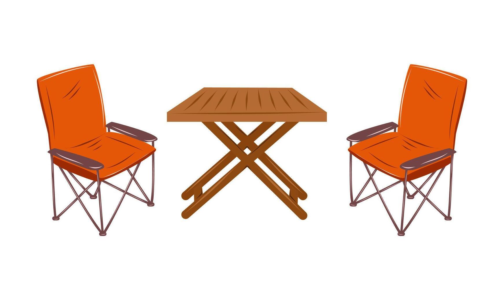 Folding wooden table and chairs. Camping furniture. Isolated illustration on white background. vector