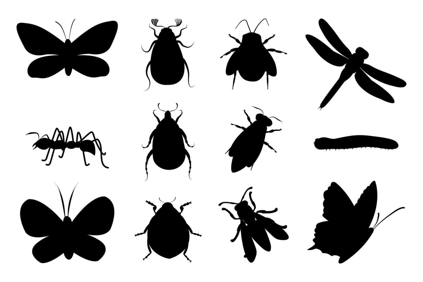 Set of black silhouette of insects. Butterfly, dragonfly, ant, ladybug, bee, bumblebee, wasp, caterpillar, green beetle and cockchafer. Illustration on white background. vector