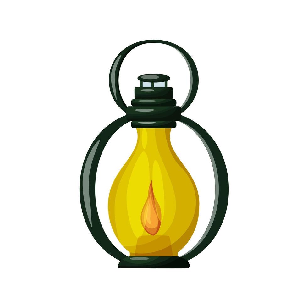Camping yellow lantern with candle inside for glamping and outdoor recreation. Summer vacation equipment. Isolated illustration on white background. vector