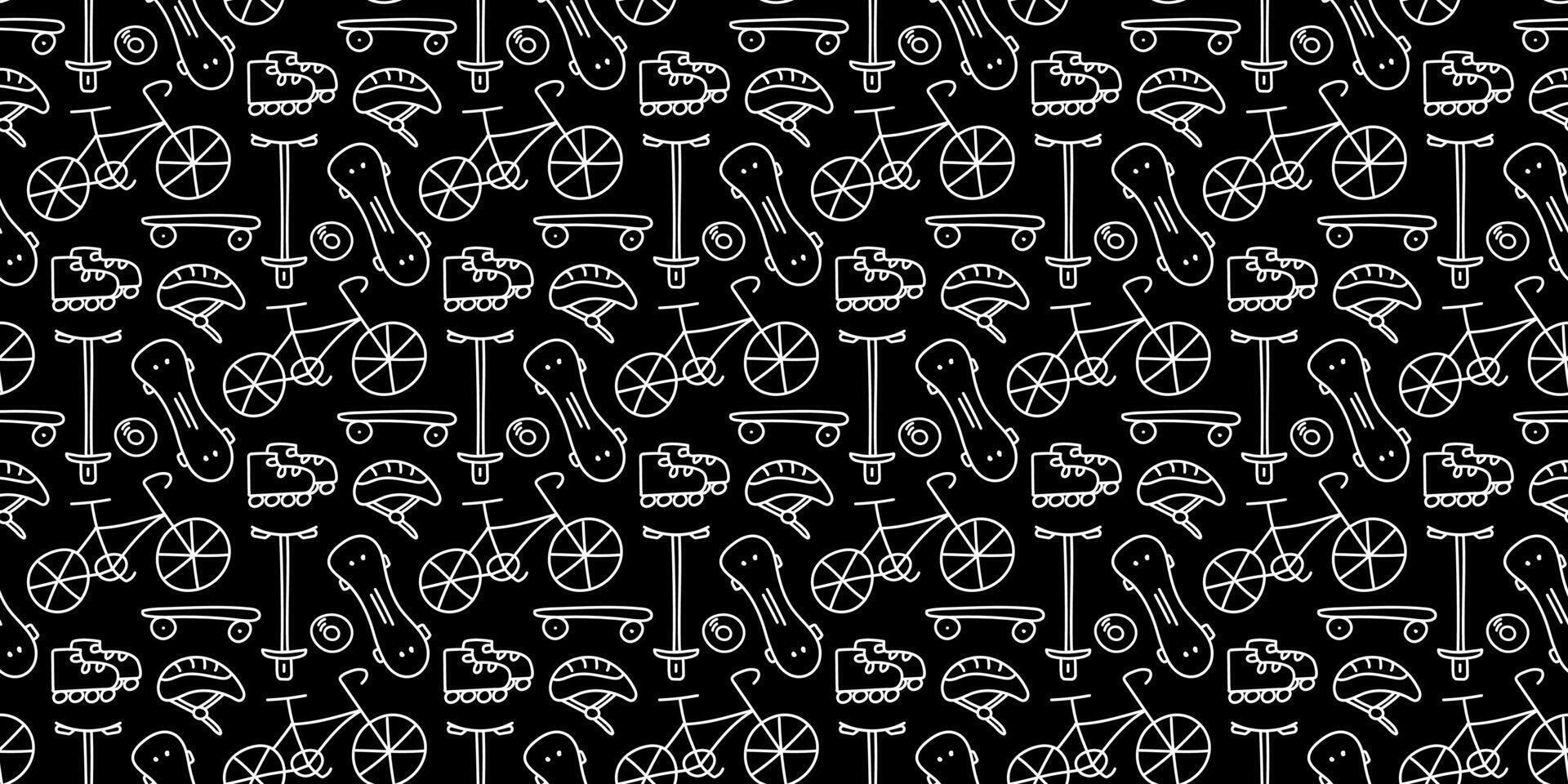 Sports skating, personal Transport for Activities. Seamless Pattern on black background. Bicycle, scooter, skateboard. Helmet and roller skates. Urban Print white outline. Doodle. illustration vector