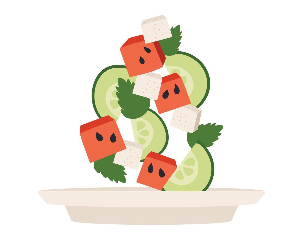 Salad with Watermelon cubes, Mint, Cucumber and Feta cheese. Vegetables, leaves fall into plate. Cooking summer Dish. Ingredients of healthy food. Flat design. Isolated. Color illustration. vector