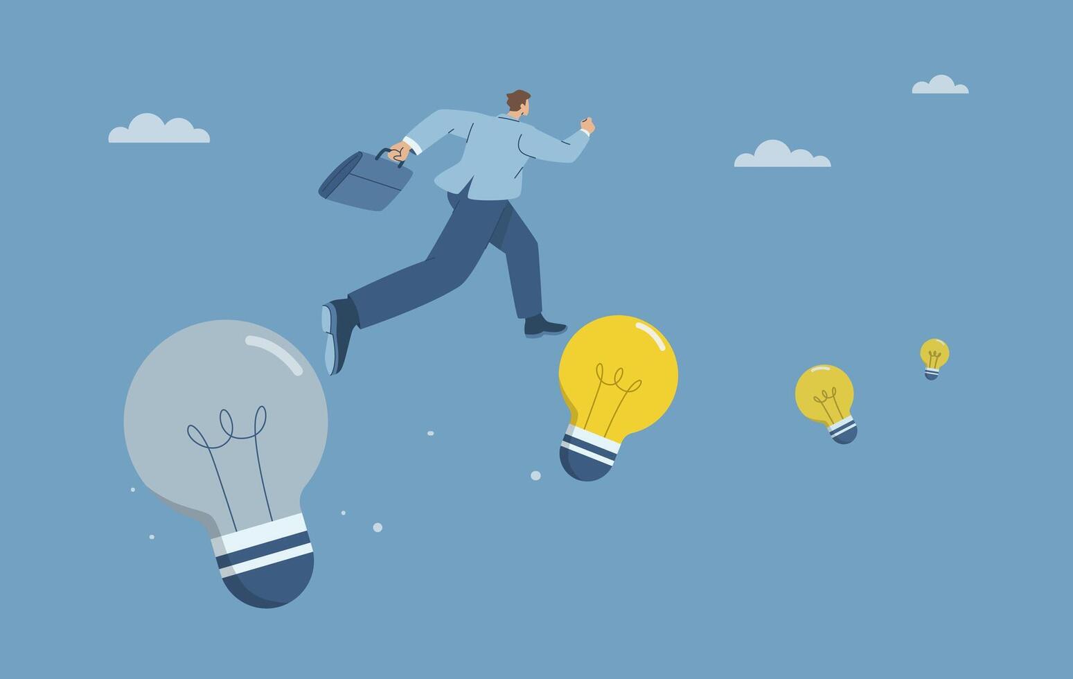 Go beyond conventional ideas, Step into new idea, Businessman runs from burned out light bulb to a new one, Constantly creating or adapting new ideas in business, Discovering new things. vector