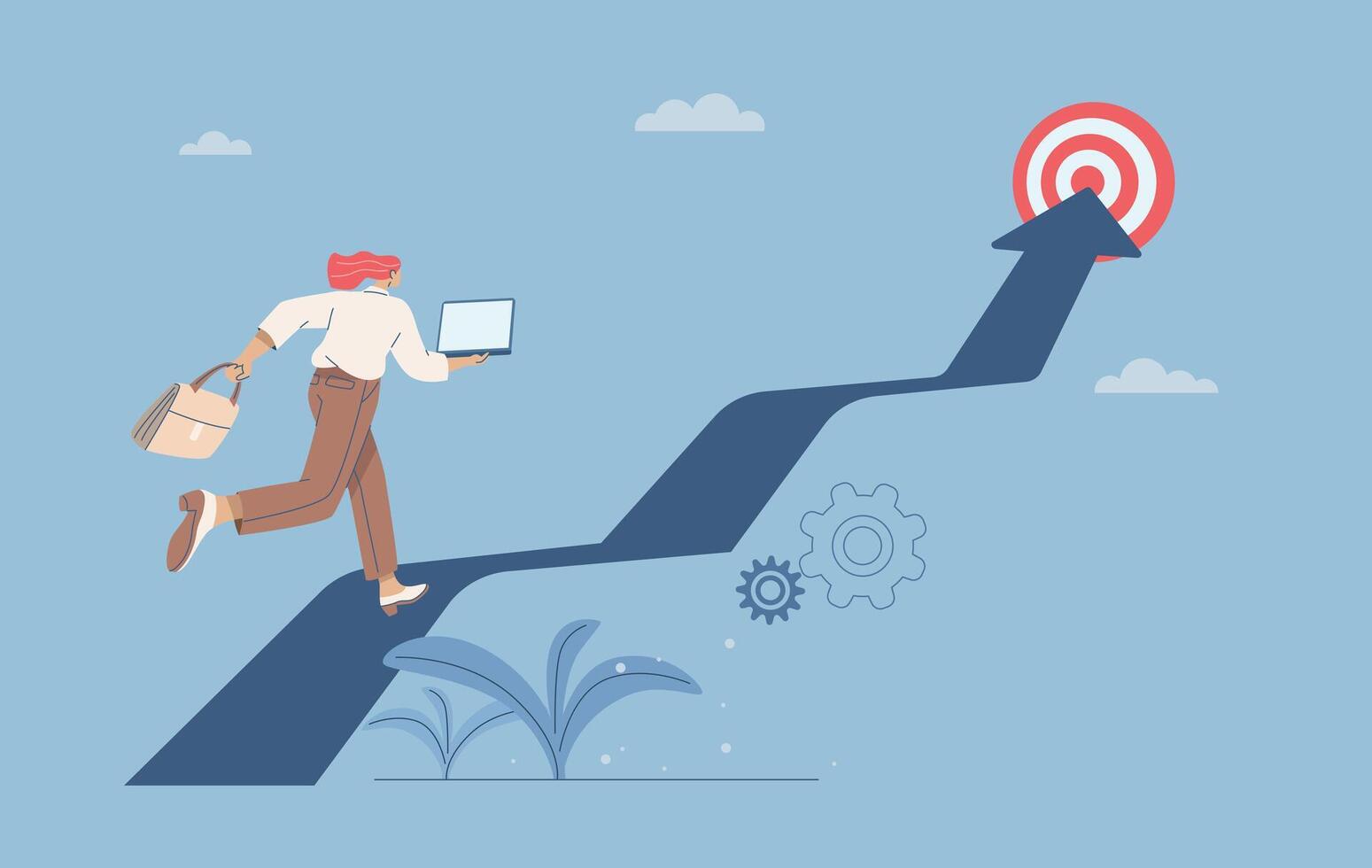 Businesswoman holding briefcase and laptop running with arrow up to the highest goal, Career path development and business start-up concept, Successful business goal, Flat illustration. vector
