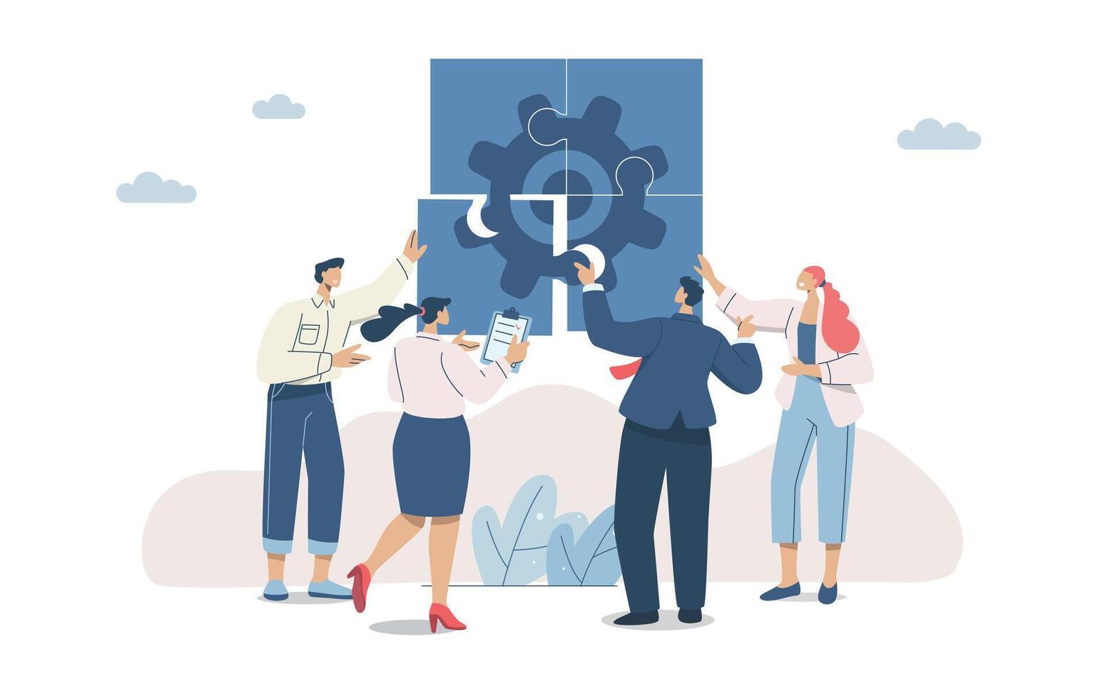 Working together as a team to succeed, Business team connecting jigsaw puzzles gear wheels together, Business mechanical connection, partnership to increase the efficiency of the organization. vector