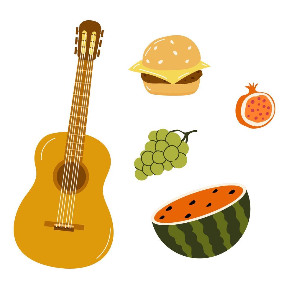 Musical picnic setup with a guitar, snacks, and refreshing fruits on a sunny day vector
