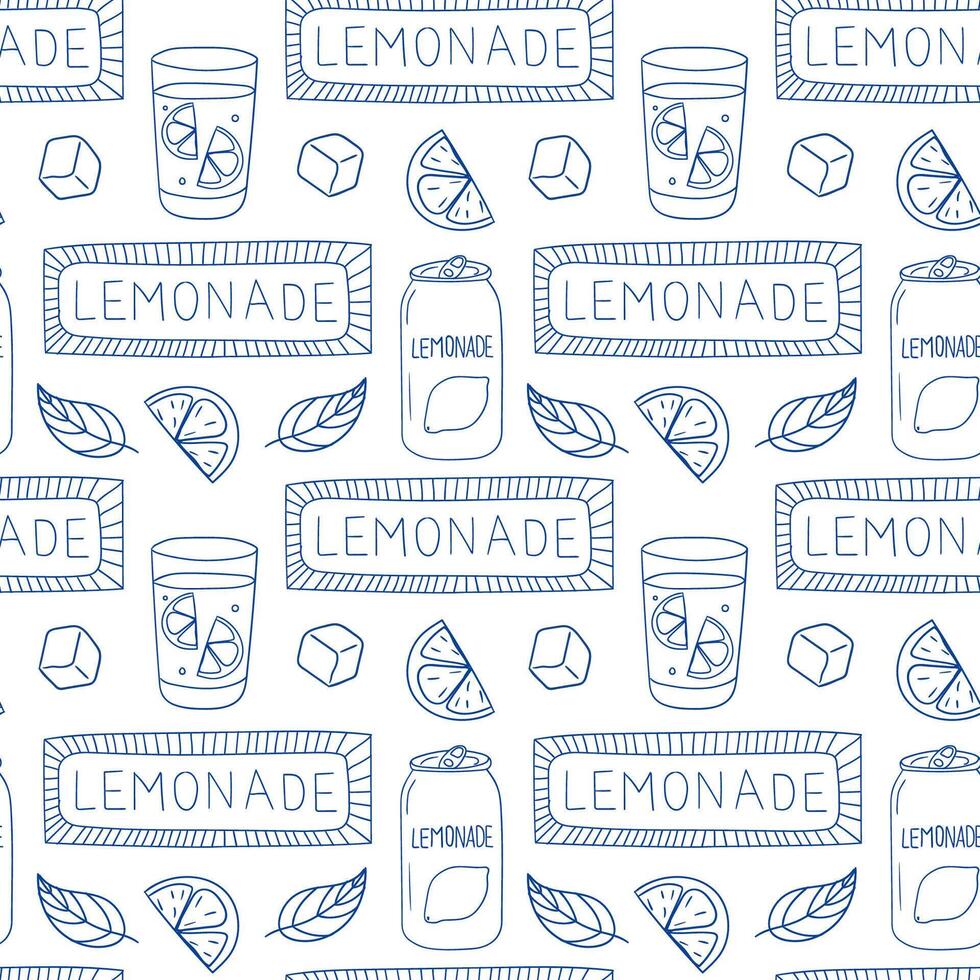 Lemonade pattern with glasses, bottles, and citrus elements for refreshing summer vibes vector