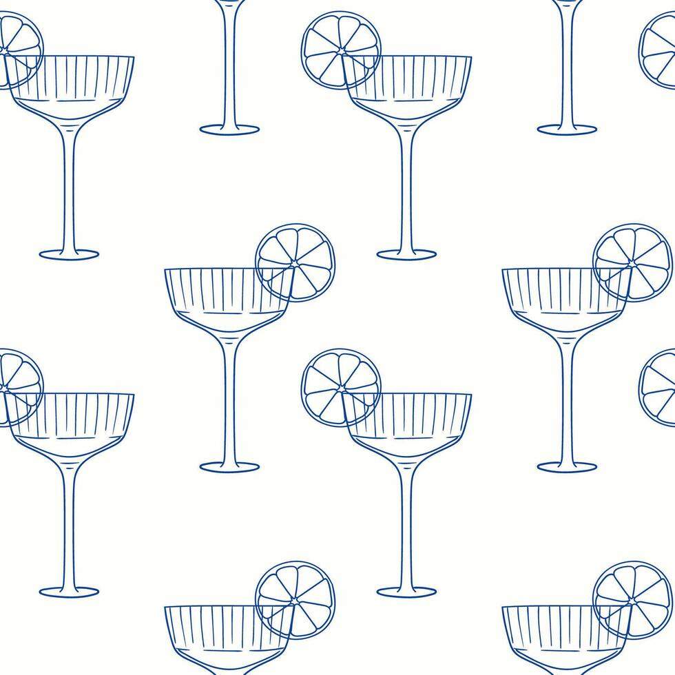 Stylish outline of cocktail glasses with citrus slices on a light background vector