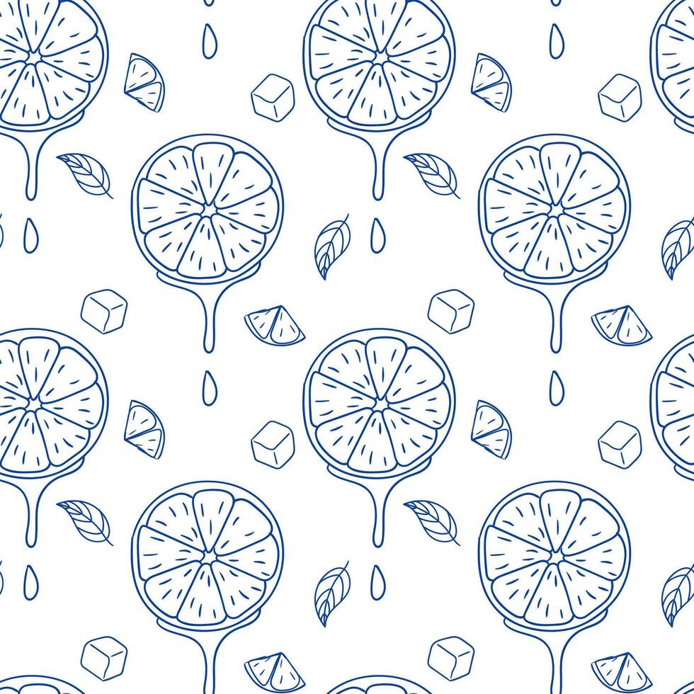 Pattern featuring slices of lemon with ice cubes and leaves on a white background vector