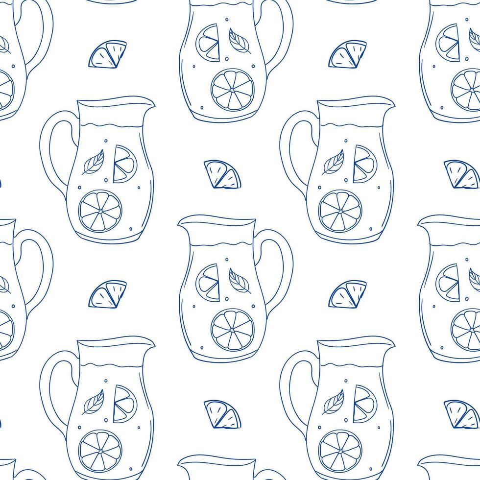 Pattern featuring pitchers of lemonade with lemon slices and leaves on a light background vector