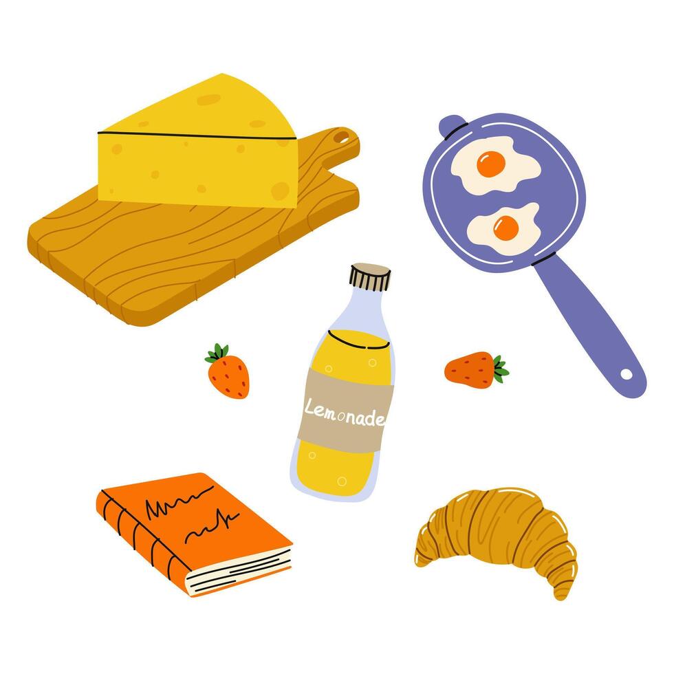 Breakfast items arranged with cheese, eggs, croissant, lemonade, and a notebook on a wooden board vector