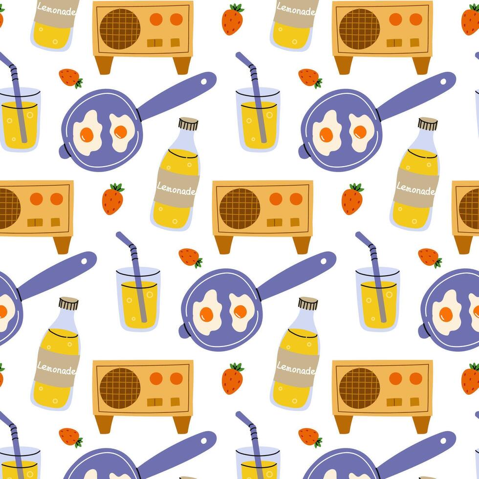 Colorful kitchen pattern featuring lemonade, eggs, and a vintage radio in a cheerful arrangement vector