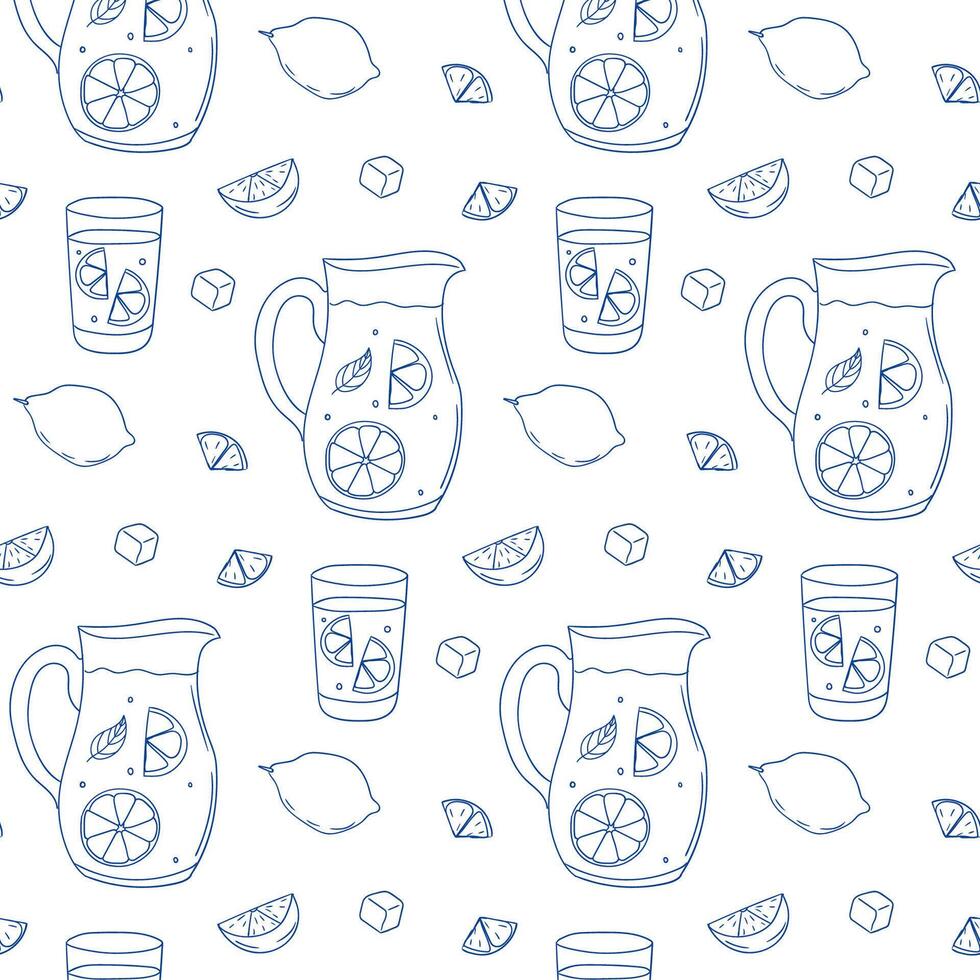 Refreshing lemonade pattern featuring pitchers and glasses with lemon slices and ice cubes vector