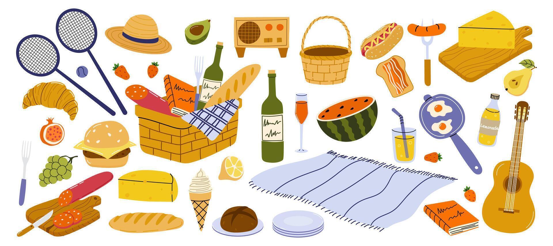 Picnic basket with food and drinks arranged on a blanket in a sunny outdoor setting vector