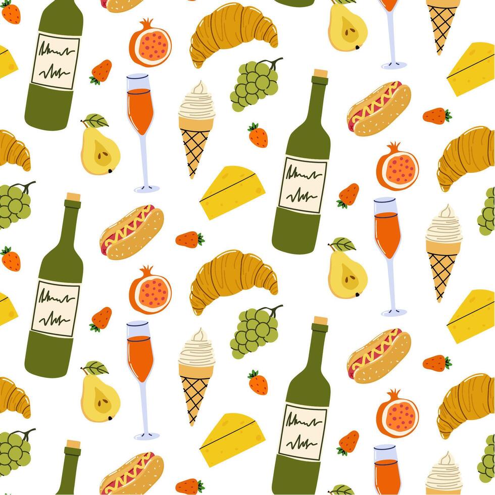 Colorful pattern of food and beverages arranged creatively for decorative purposes vector