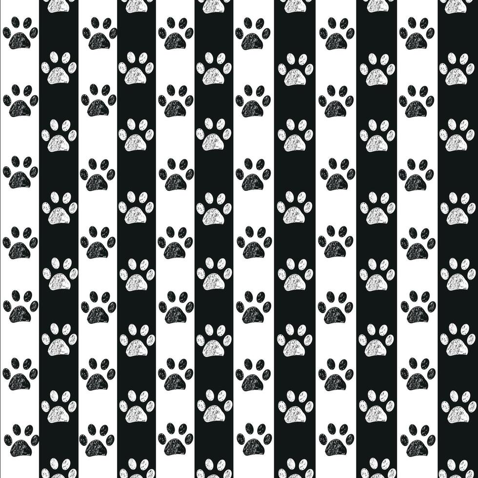 Black and white stripe pattern with doodle paw prints. Seamless fabric design pattern vector
