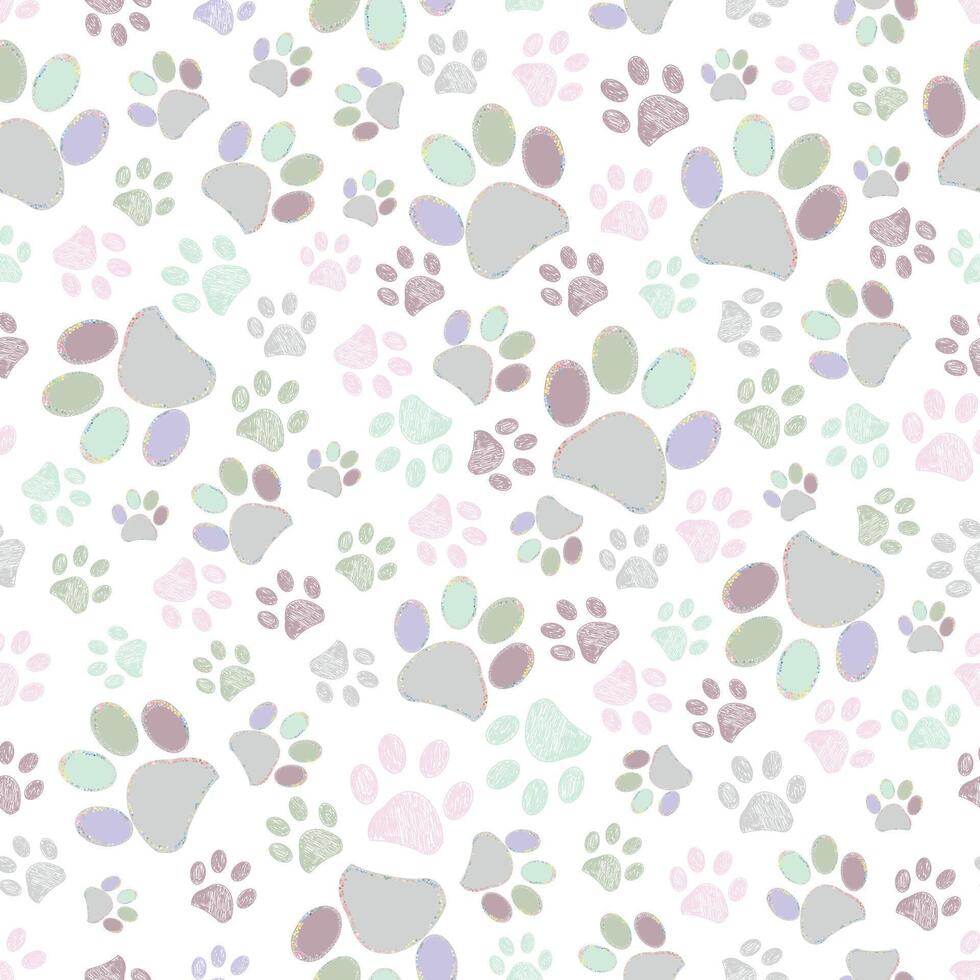 Holographic doodle paw prints seamless fabric design pattern vector