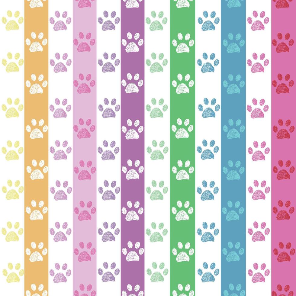 Rainbow colored stripe pattern with doodle paw prints. Seamless fabric design pattern vector