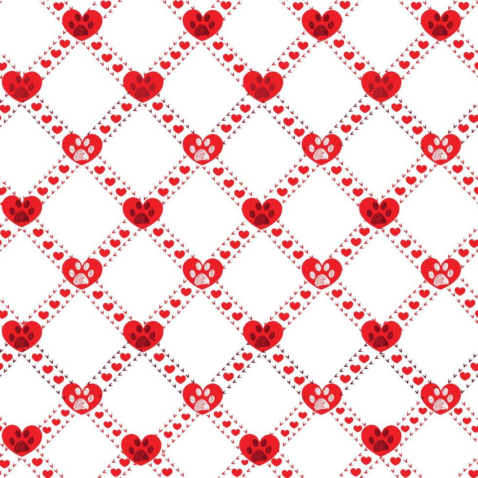 Red plaid with hearts and paw prints pattern vector