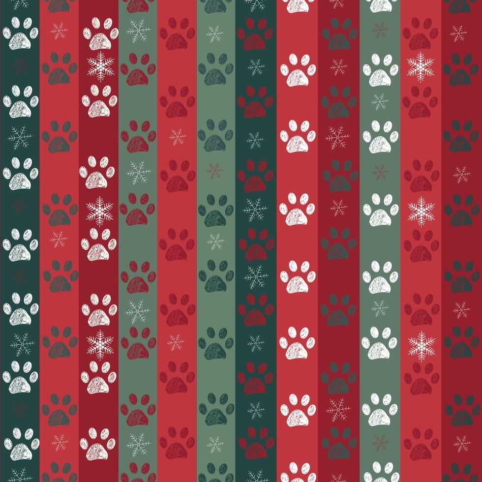 Christmas design with snowflakes stripe pattern with brown doodle paw prints. Seamless fabric design pattern vector
