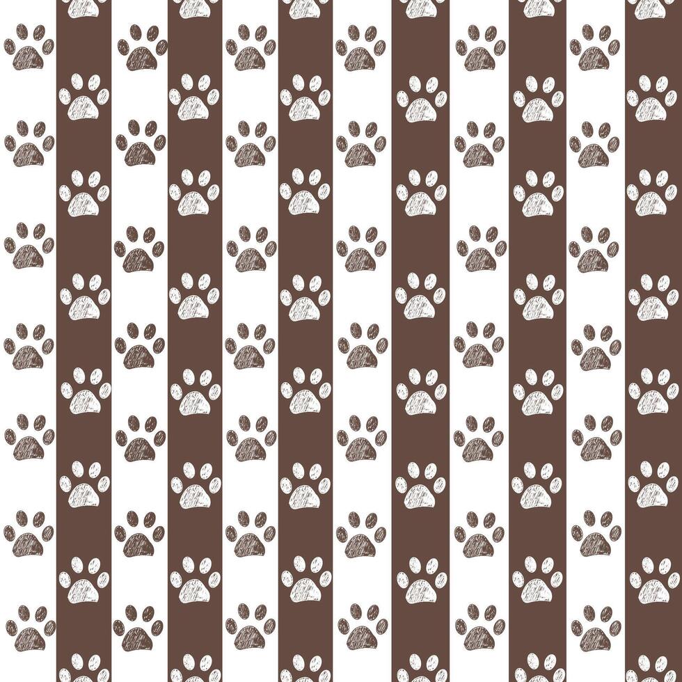 Brown and white stripe pattern with brown doodle paw prints. Seamless fabric design pattern vector