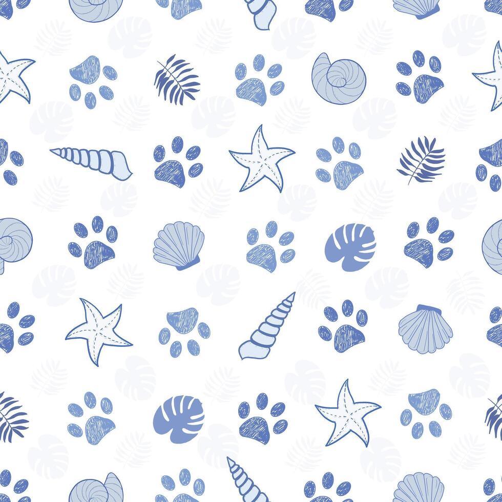 Sea shells and paw prints. Seamless fabric design pattern vector