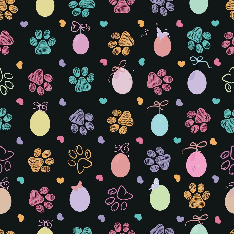 Colorful doodle paw print and easter eggs vector