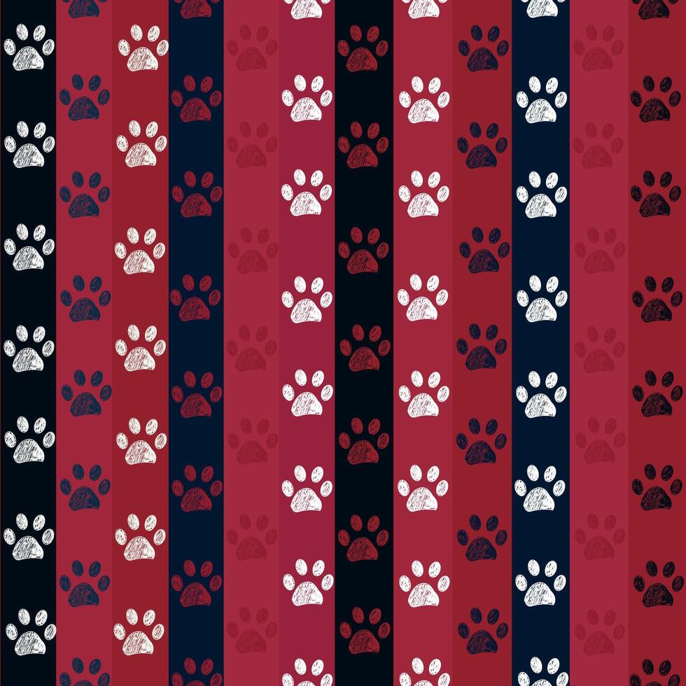 Christmas design stripe pattern with doodle paw prints. Seamless fabric design pattern vector