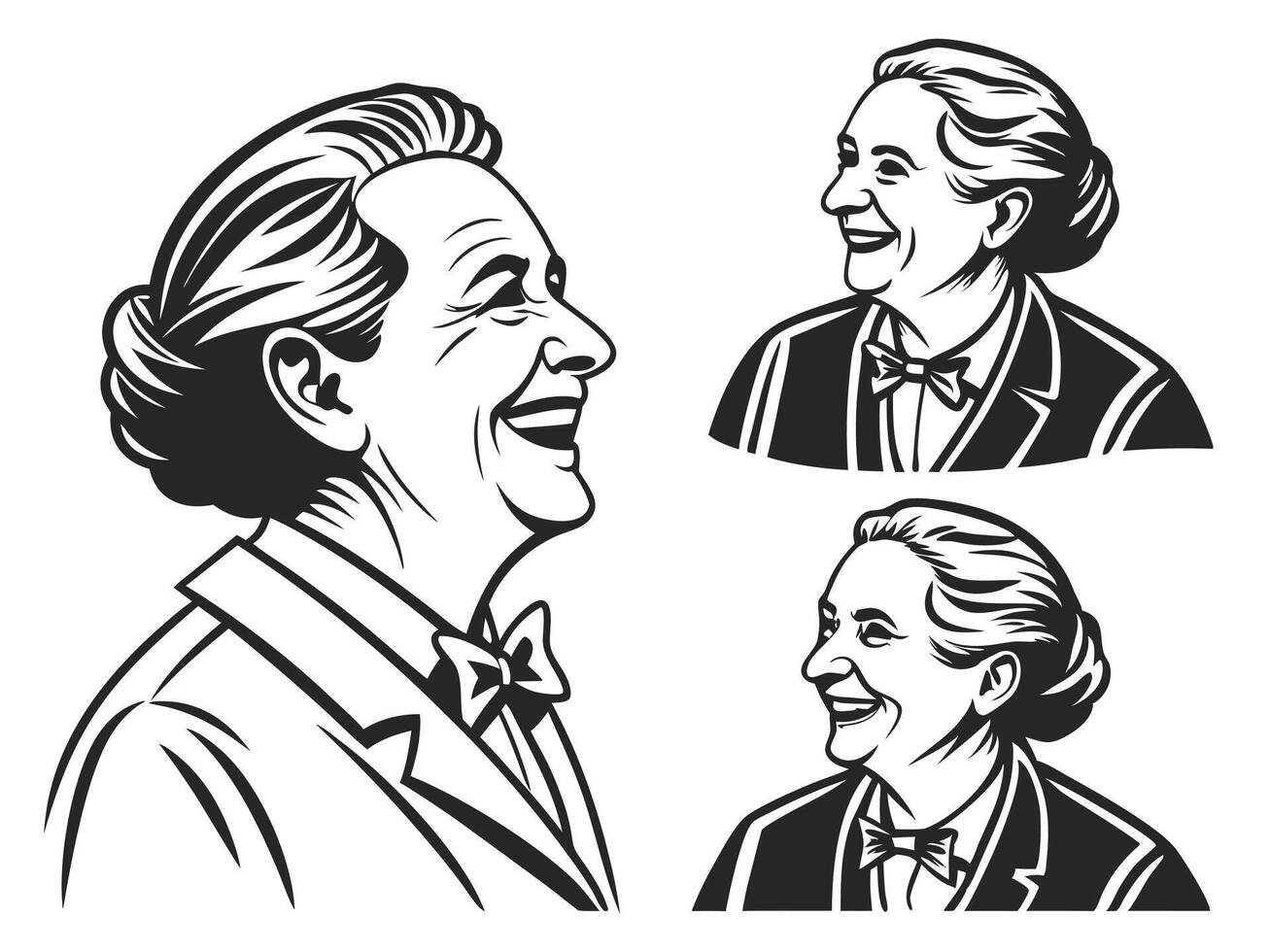 Elderly Woman Portrait Set Bold Black and White Illustrations with Joyful Expressions vector