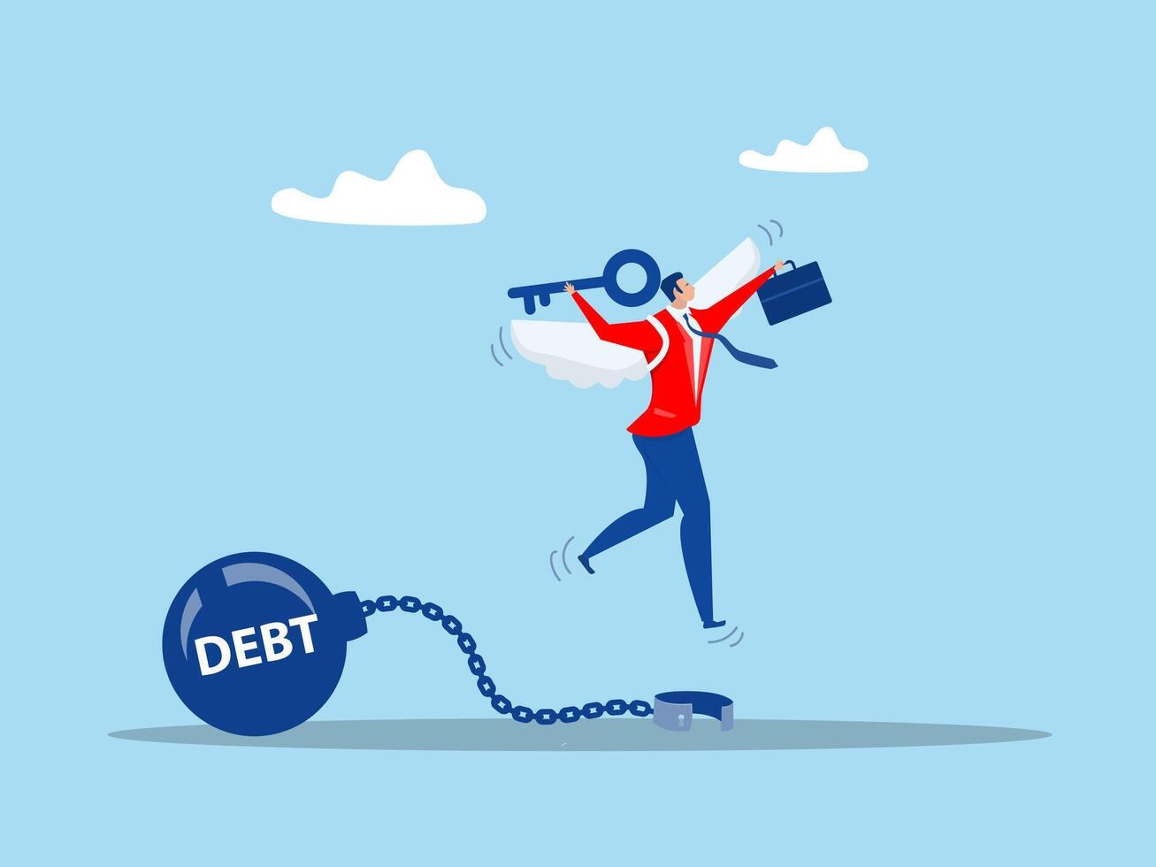 businessman holding golden key after unlock debt burden chain.Debt free or freedom for pay off debts concept vector