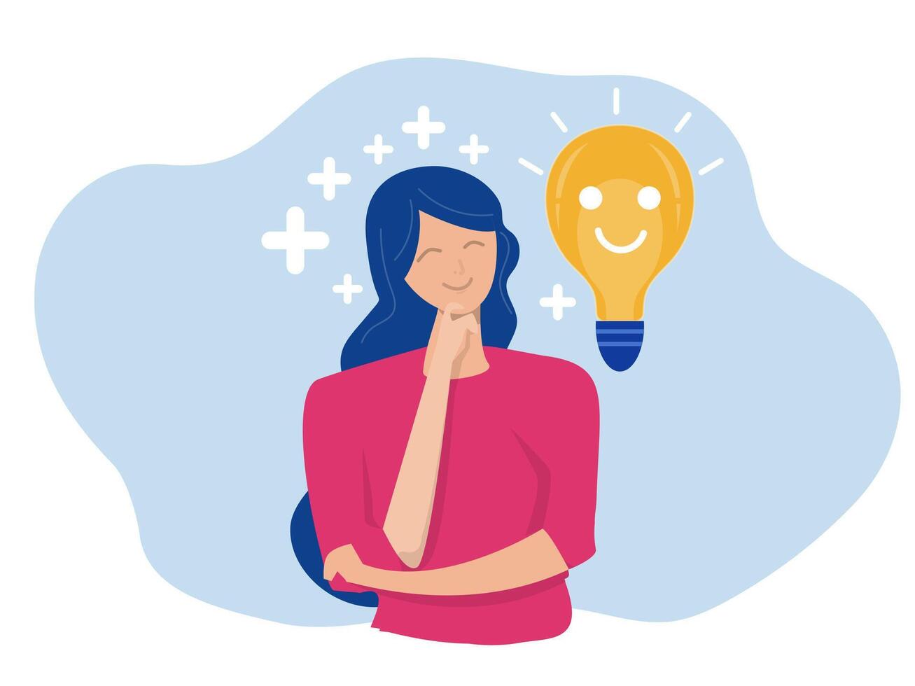 Positive thinking, optimistic mindset or good attitude happy woman smiling lightbulb idea with positive vibes around vector
