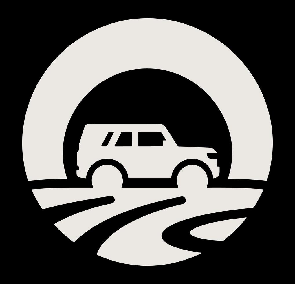 A white car is shown in a circle with a road in the background vector