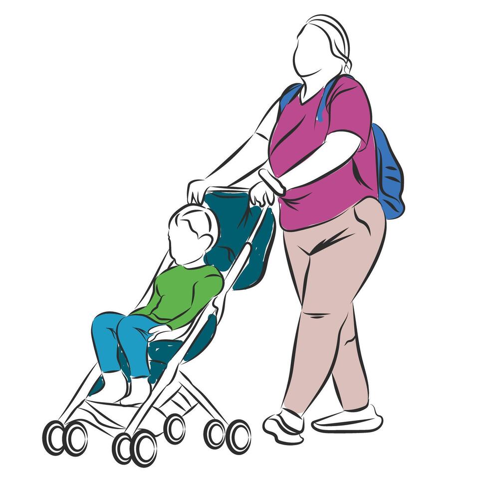 A woman pushes a stroller with a young child sitting in it. She wears a magenta shirt and carries a blue backpack, while the child is dressed in green and blue vector