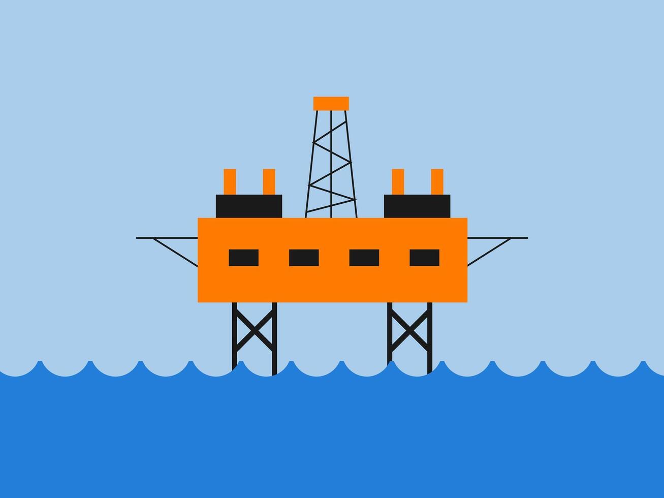 illustration shows an orange oil rig platform with black supports standing in blue water under a light blue sky vector