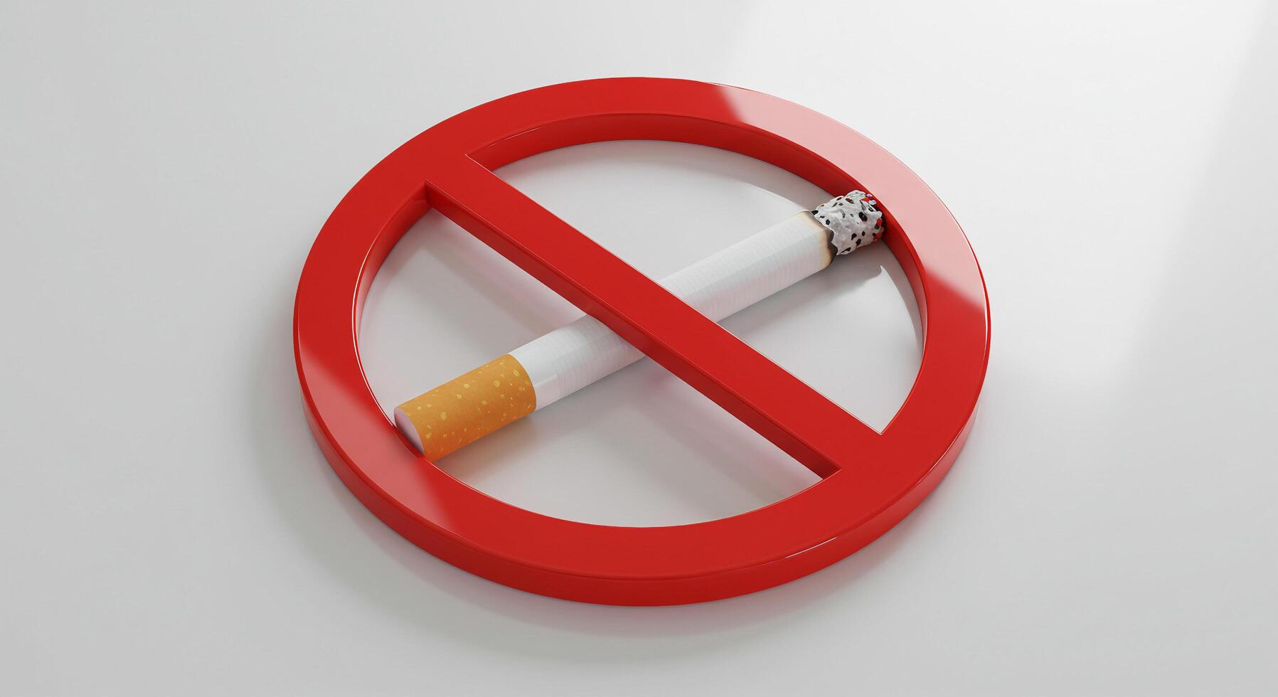 A realistic photo of a no smoking sign with a cigarette in the center, casting a soft shadow on a white surface. The red prohibition circle is vibrant and reflective.