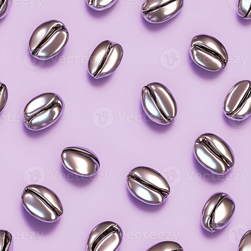 Pattern of stylish and elegant metallic coffee beans arranged on a soft lavender background photo