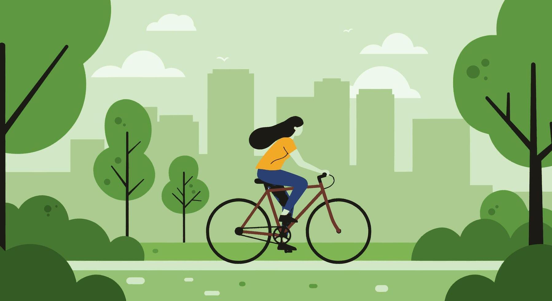 A woman riding a bicycle in the park with trees and cityscape vector