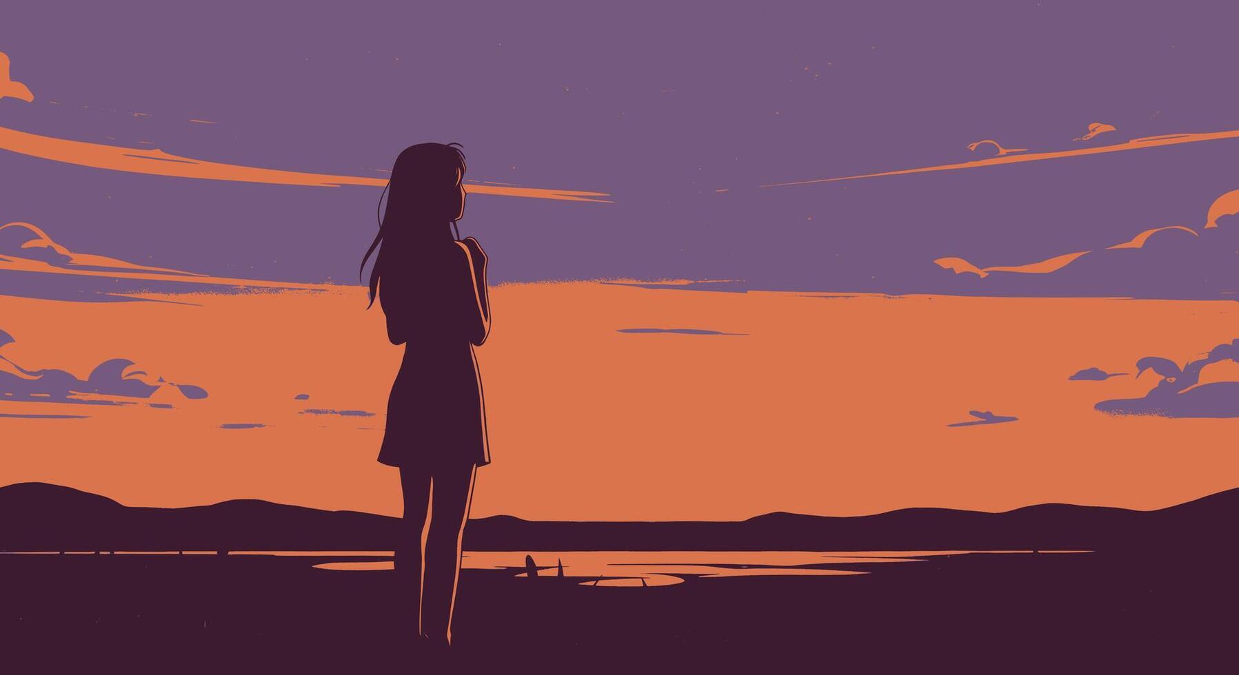 A girl standing on a hill looking at the sunset vector