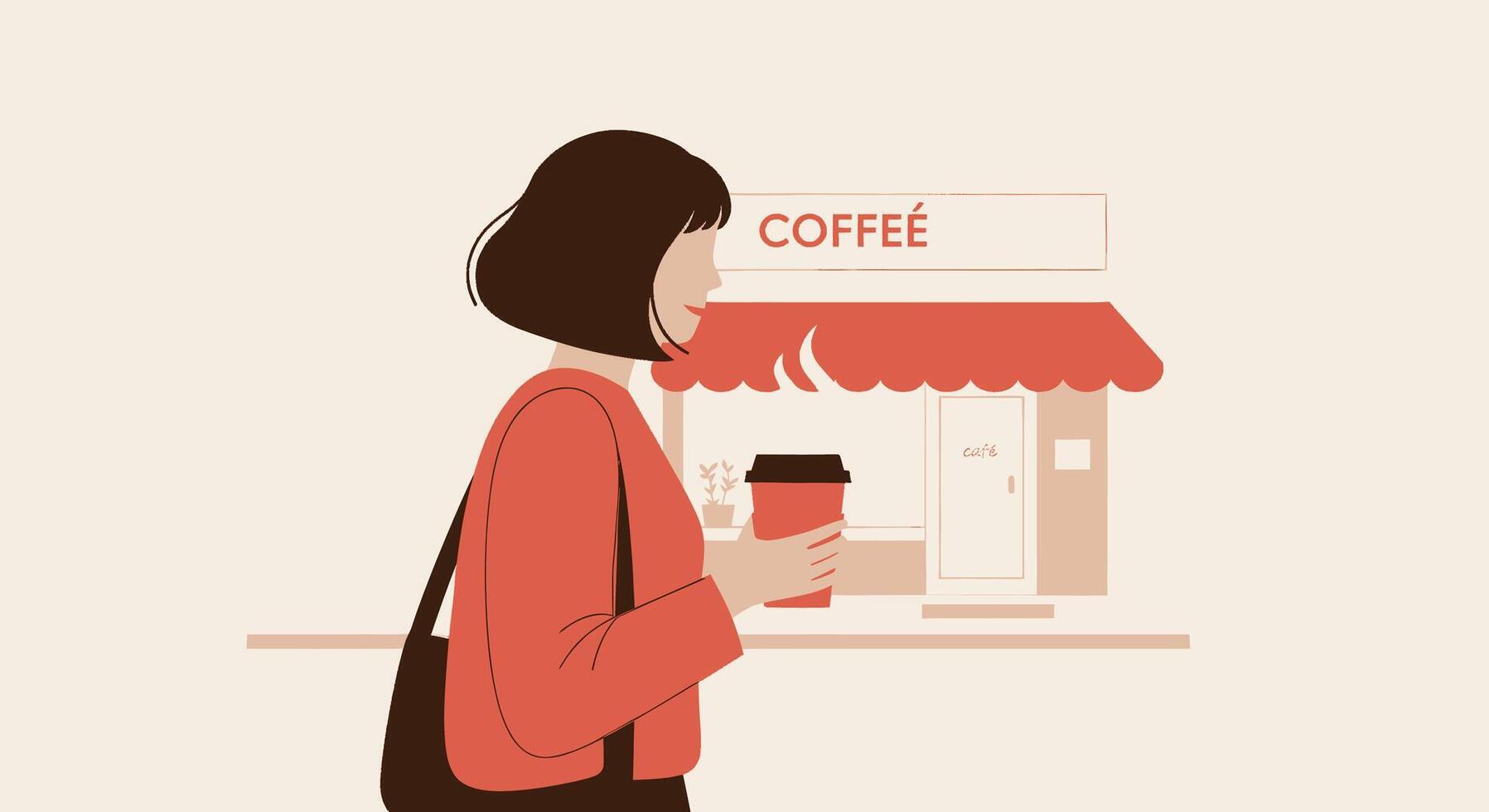 A woman holding a coffee cup in front of a coffee shop vector