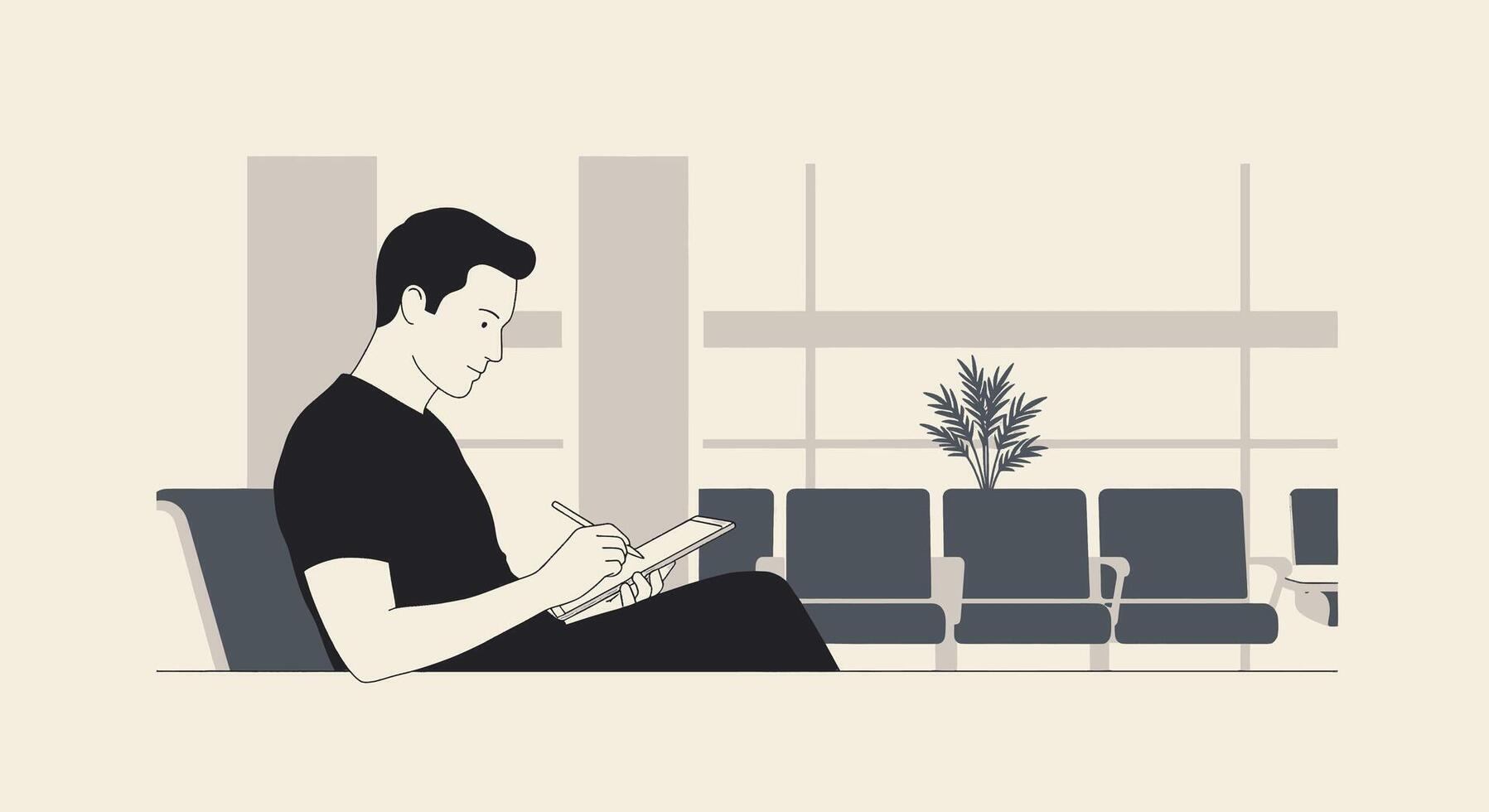 A man sitting in an airport waiting room with a book vector