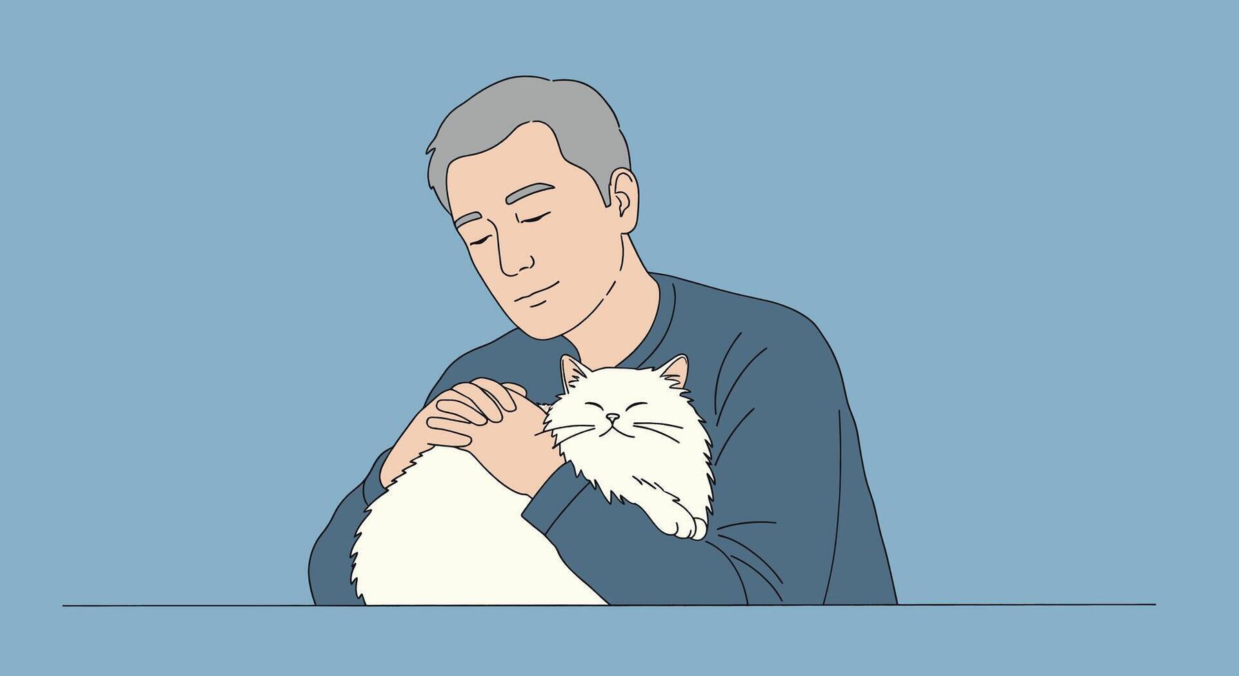 A man holding a cat while sitting on a table vector