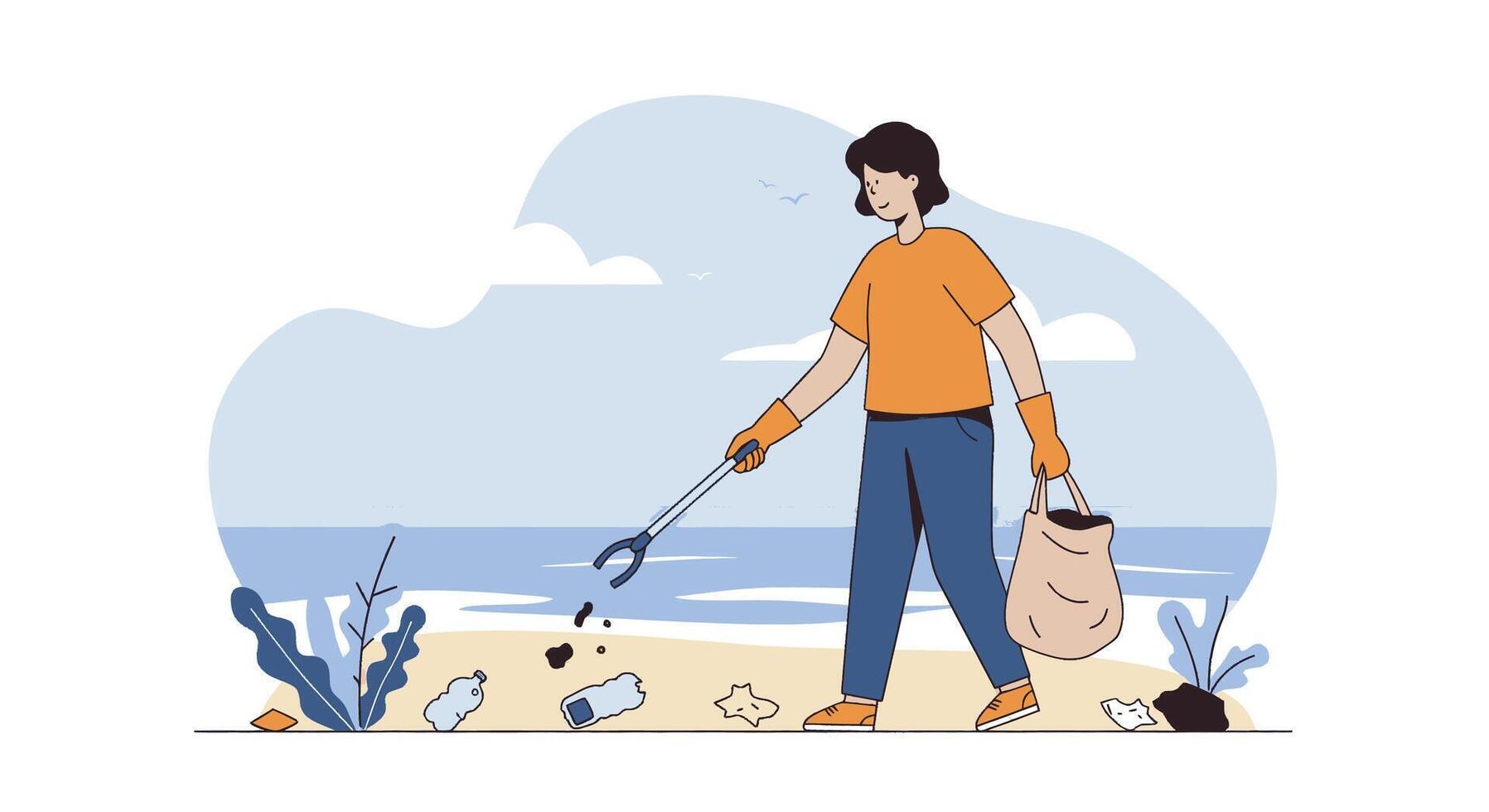 A woman is cleaning up trash on the beach vector