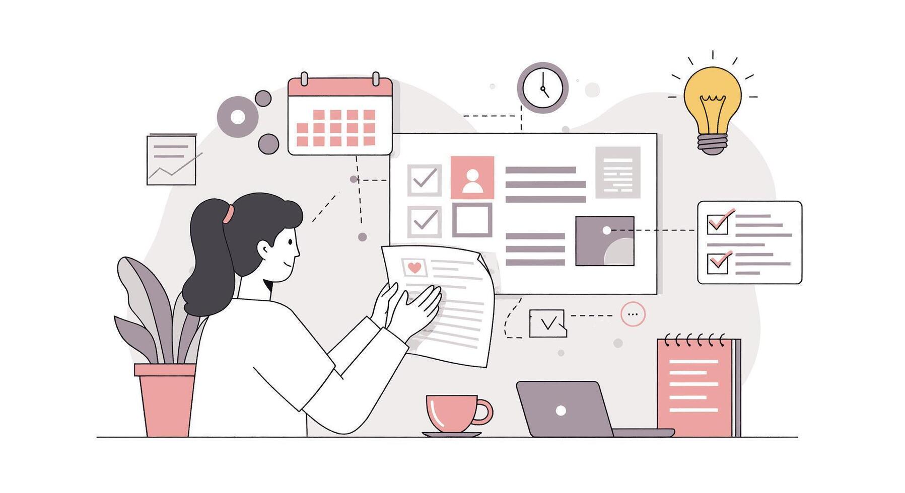 A woman is working on a project in front of a white board vector