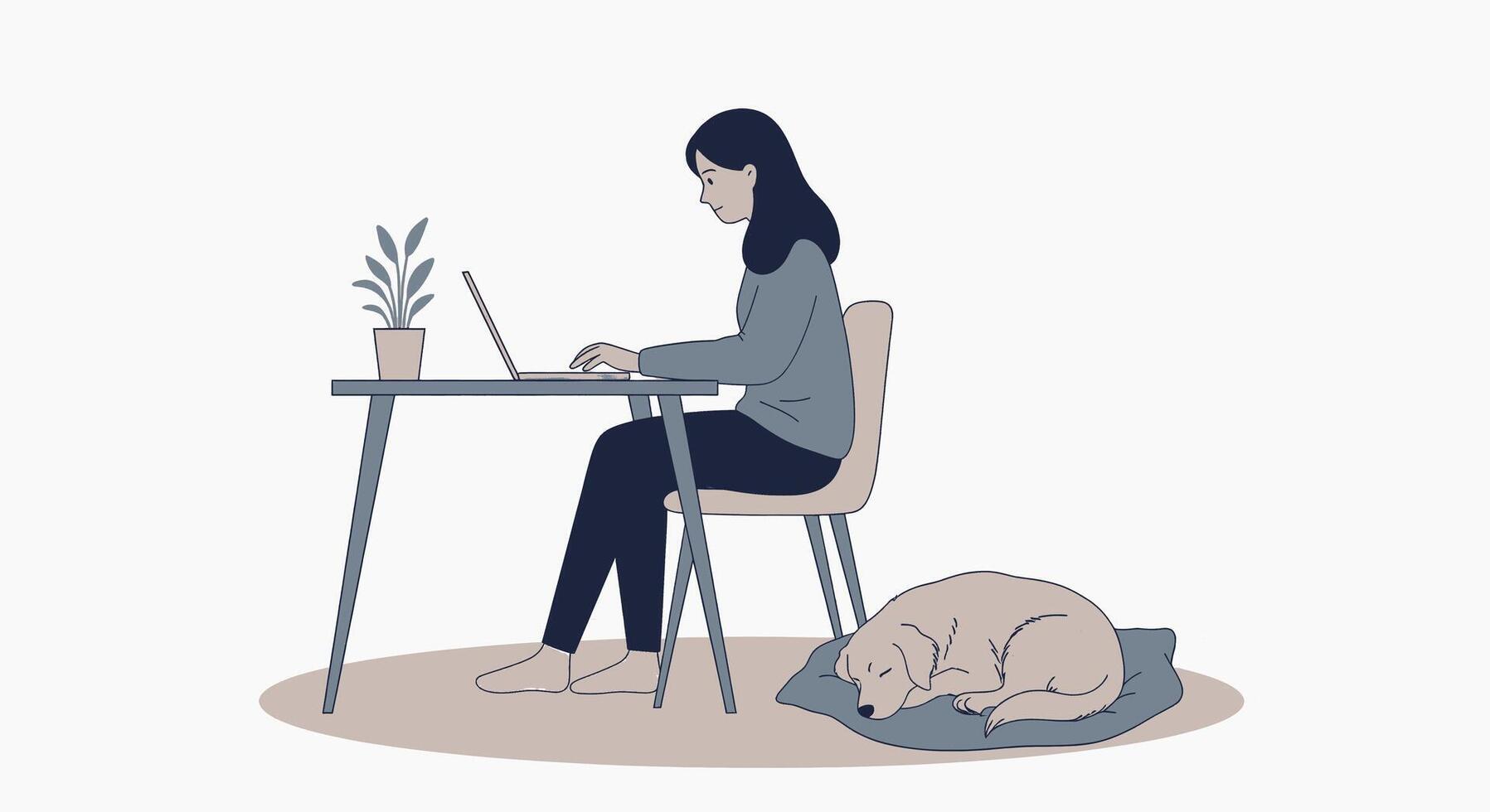 A woman sitting at a desk with a laptop and a dog vector