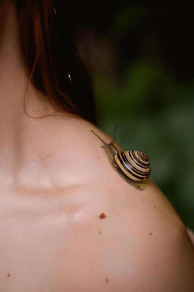 A snail on a woman's shoulder photo