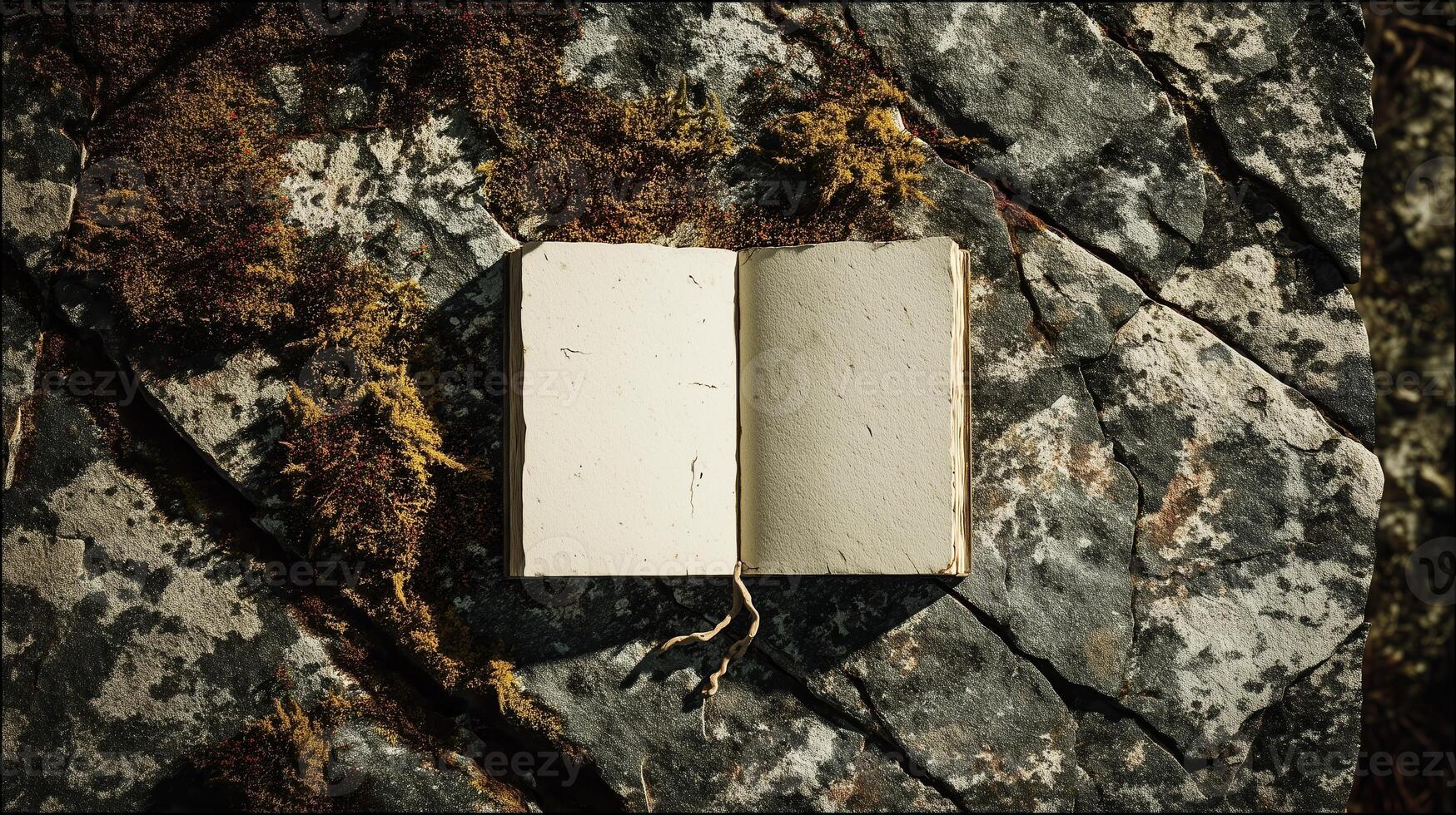 An aged open book with blank pages rests on coarse rocks, surrounded by the quiet beauty of moss and plants. photo
