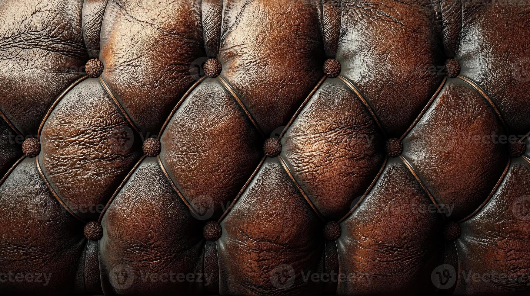 An up-close perspective of aged brown leather upholstery, featuring deep button tufting and a rich, opulent texture. photo