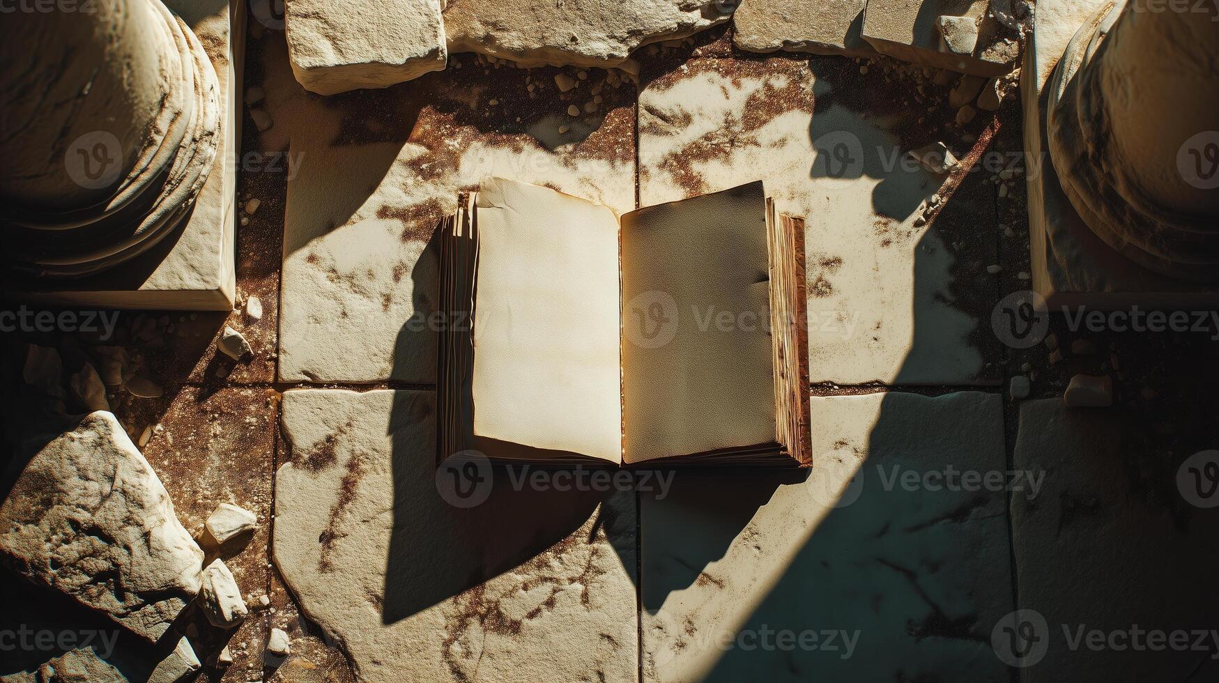 A historic open book resting upon a broken stone surface, surrounded by the remains of ancient civilization and touched by sunlight. photo