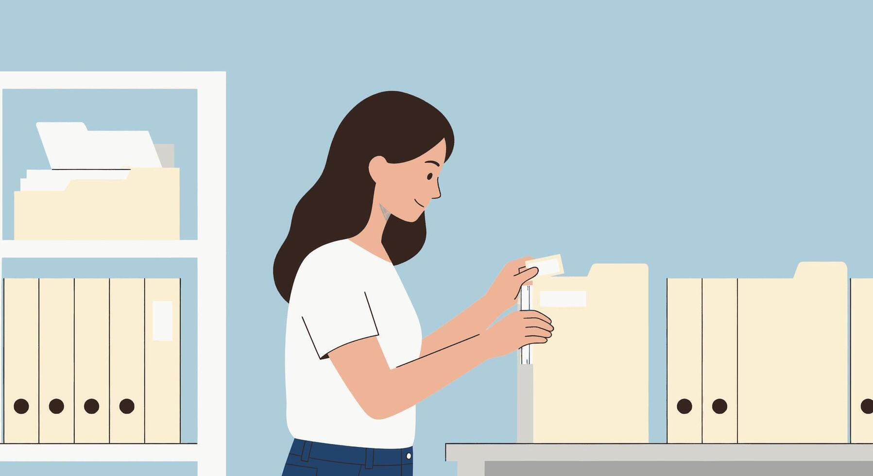 A woman is putting files into a file cabinet vector