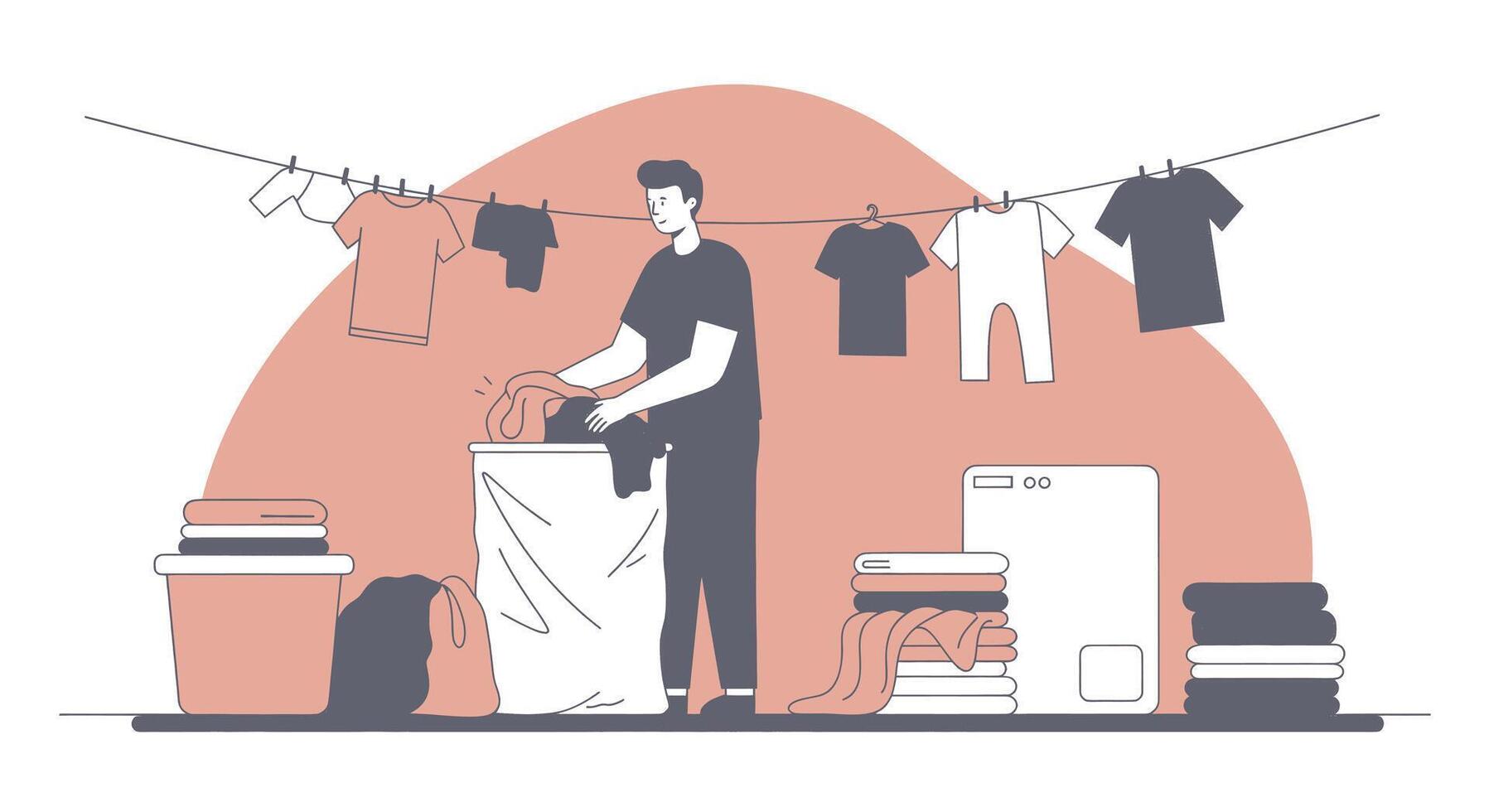 Man doing laundry with clothes on clothes line illustration vector